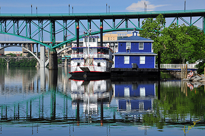 The Star of Knoville paddle boat rests on the banks of the Tennesee River in downtown Knoxville, Tennessee
